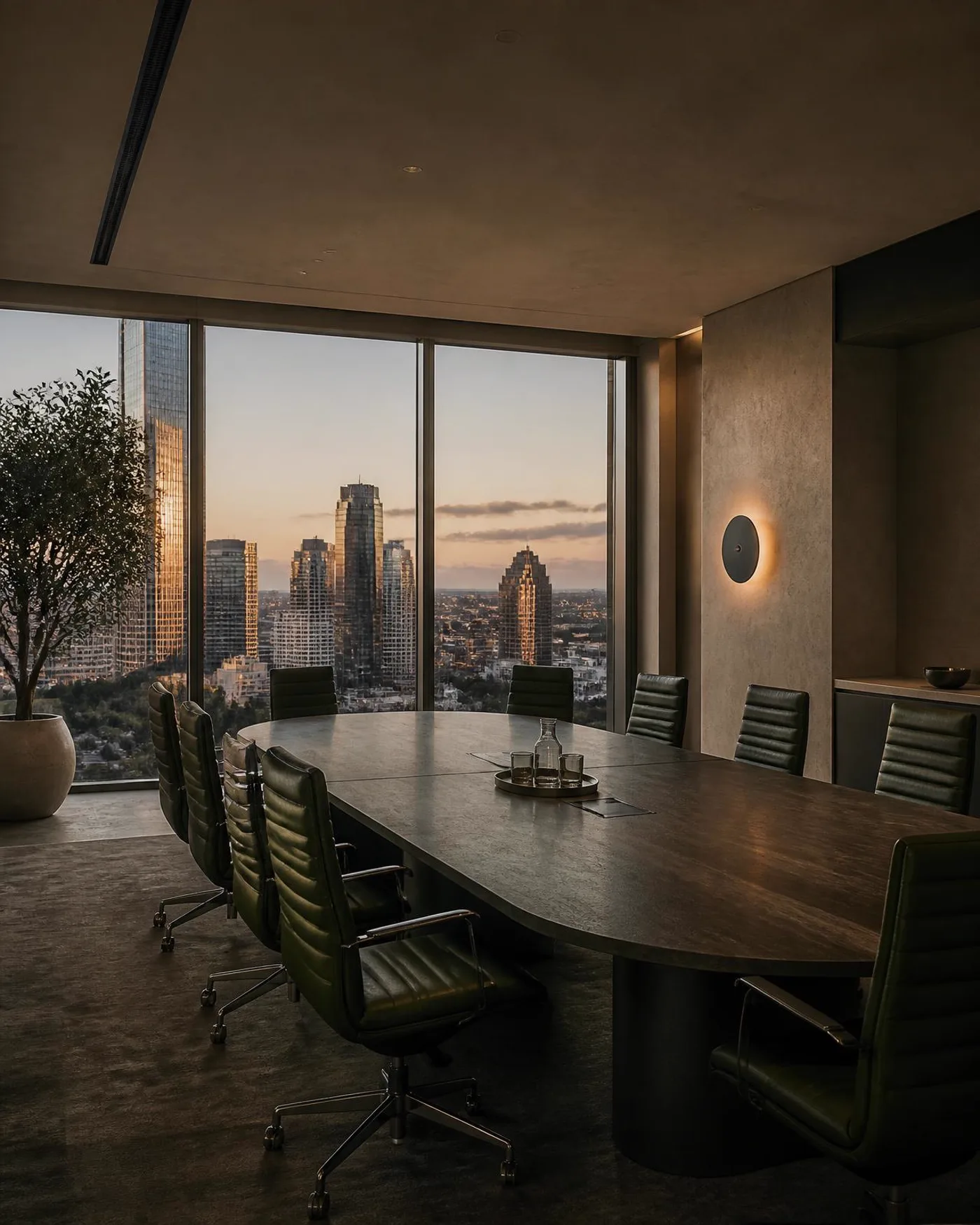 Clock and a printed transaction timeline on a desk overlooking the Sydney skyline at dusk