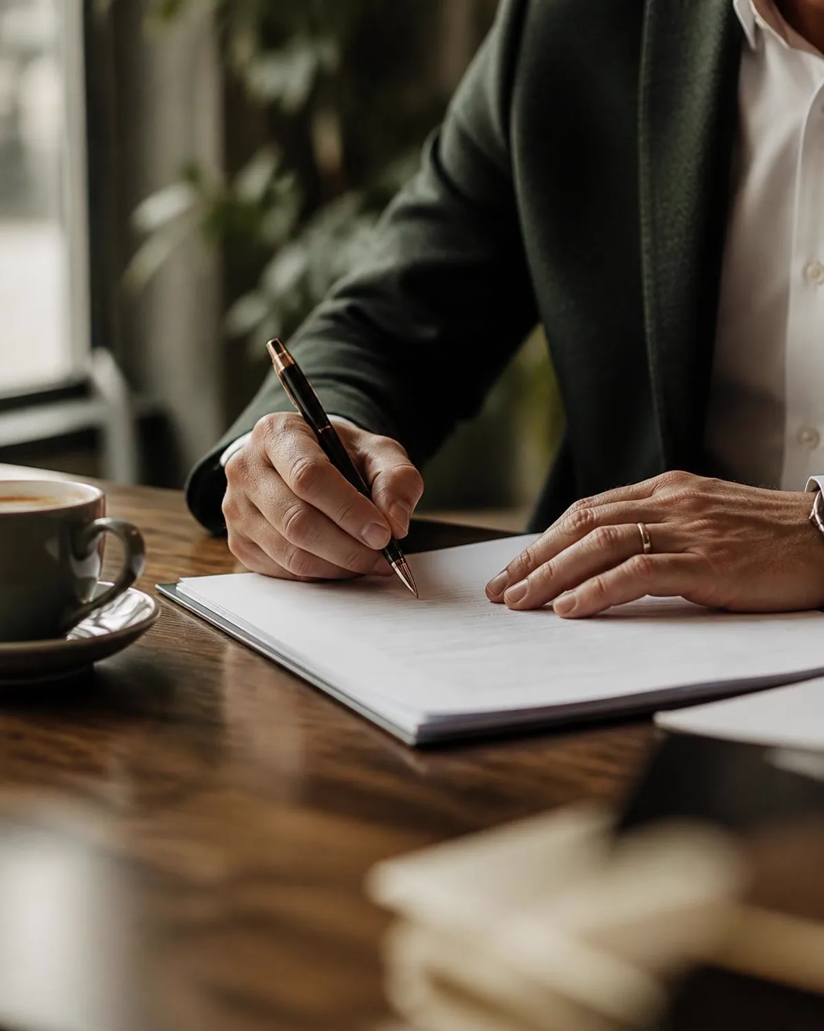 Leather folio, fountain pen, financial reports and keys on a business owner's desk in warm light