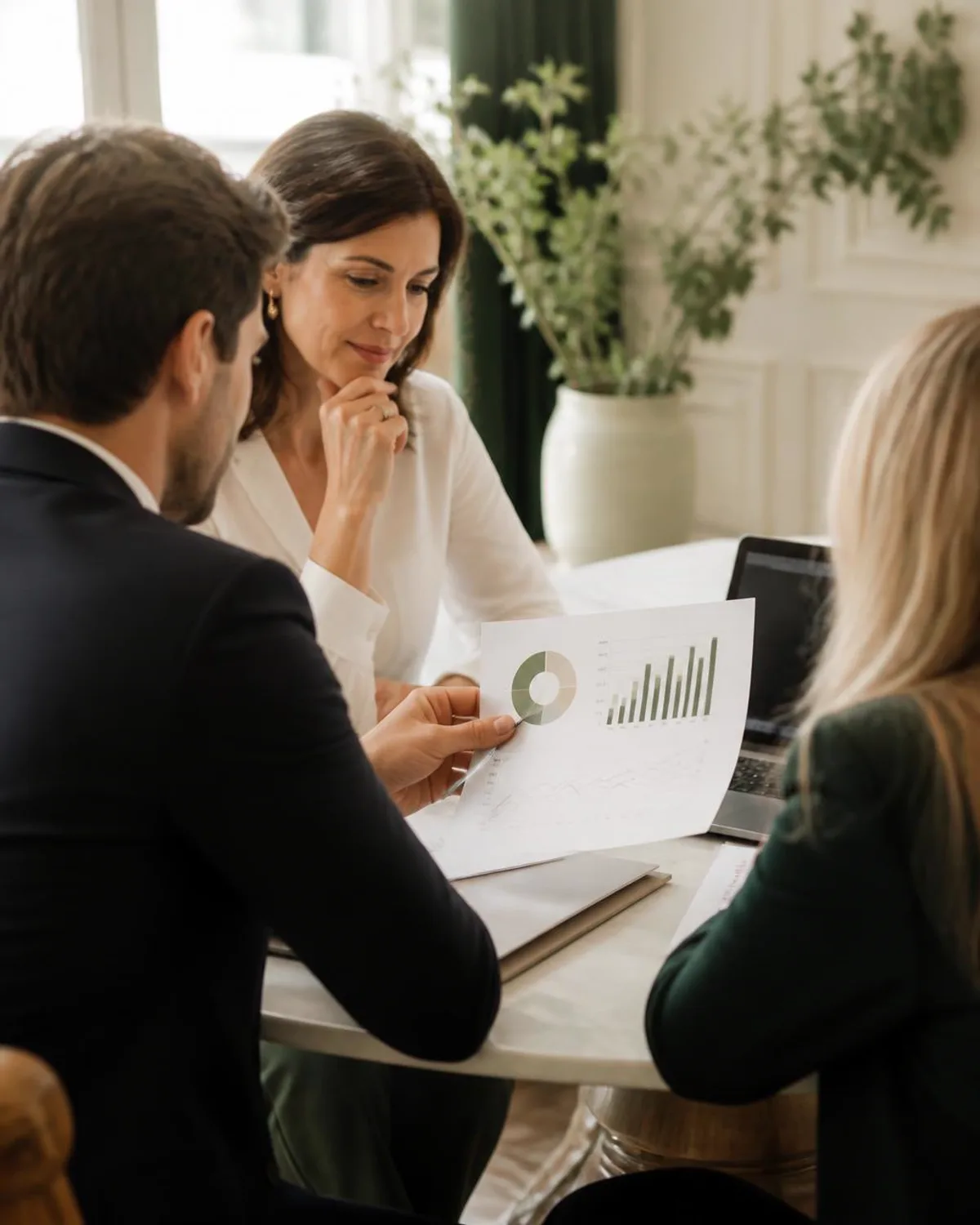 Two advisers reviewing valuation charts and financial statements at a boardroom table